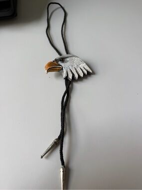 Vintage 1993 Hand Carved Painted Wood Bald Eagle Western Bolo Tie Silver Tone OS